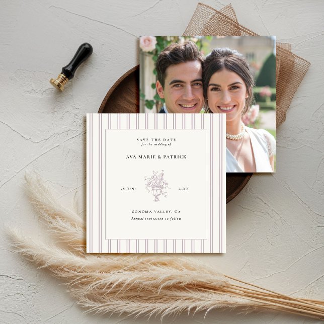 Estate Lavender Stripes Floral Vase Photo Wedding Save The Date (elegant wedding save the date photo template chateau estate garden destination lavender stripes)