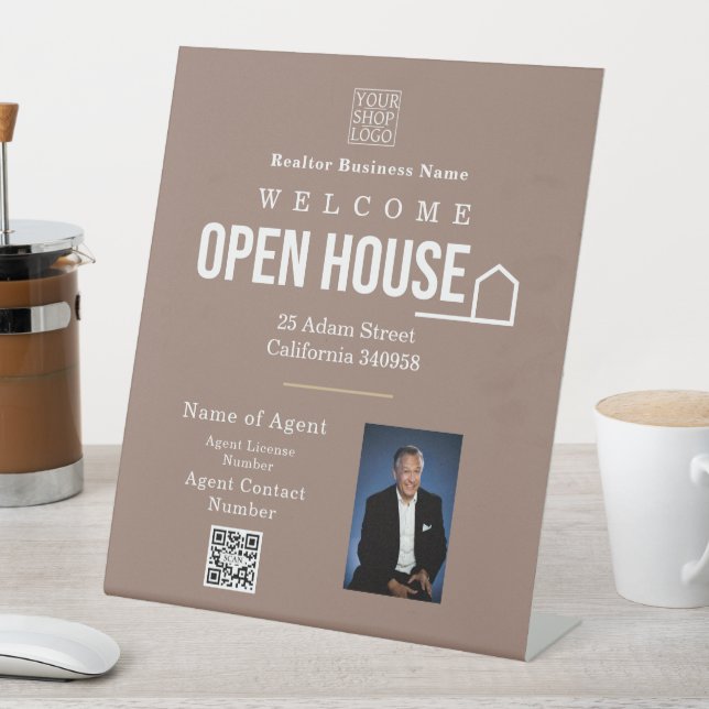 Estate Open House Logo Photo Light Brown Pedestal Sign (In SItu)