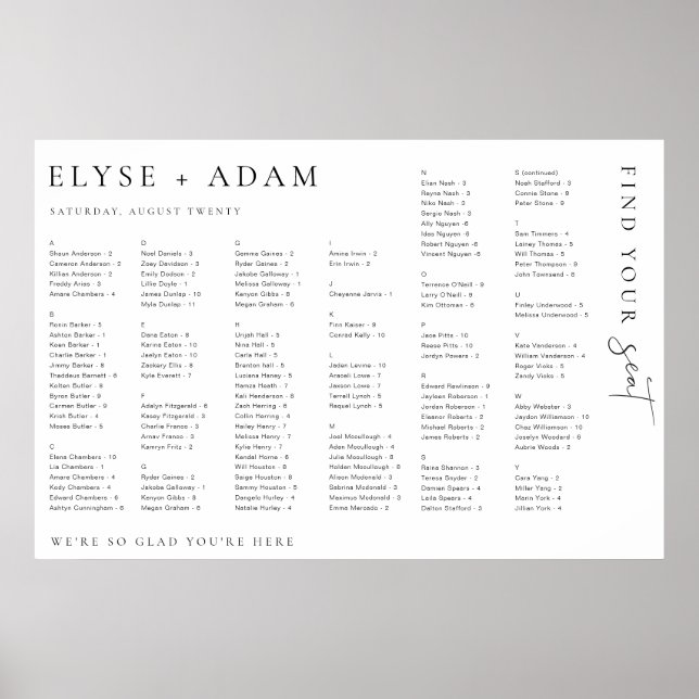Estelle Modern Minimal Alphabetical Seating Poster (Front)