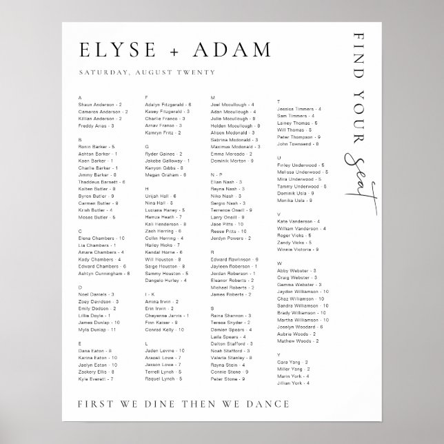 Estelle Modern Minimal Alphabetical Seating Poster (Front)