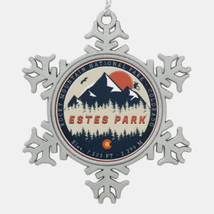 Estes Park Colorado Mountain Ski Vintage Snowflake Pewter Christmas Ornament