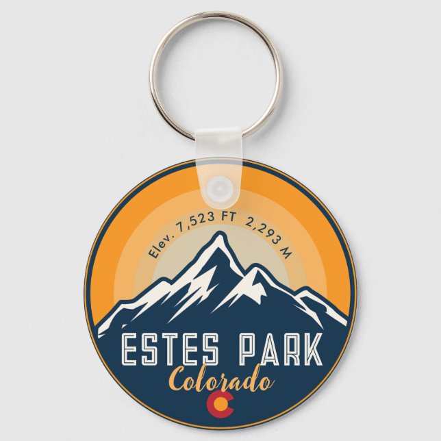 Estes Park Colorado Mountains Retro Sunset Skiing Key Ring (Front)