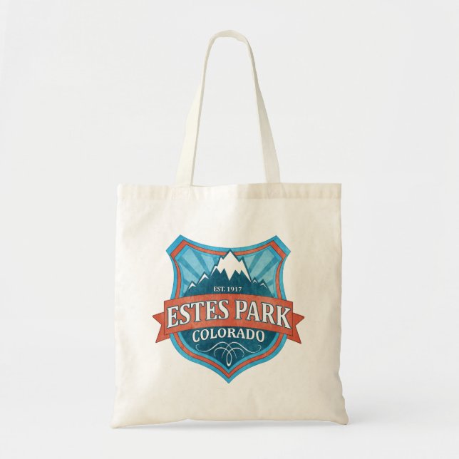 Estes Park Colorado teal shield tote bag (Front)