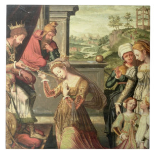 Esther before King Ahasuerus with Haman being sent Tile