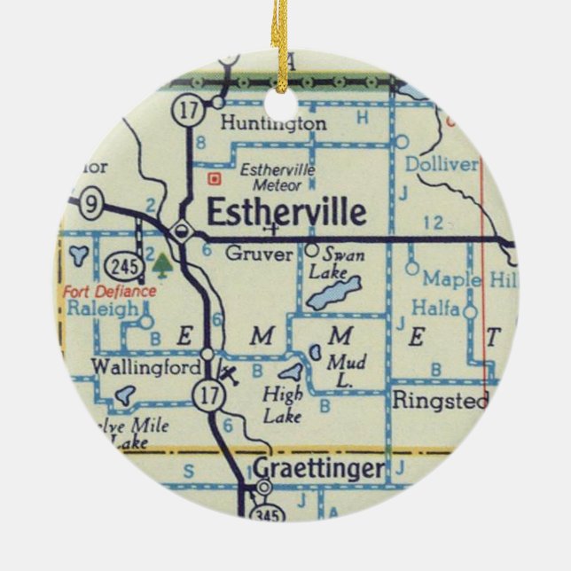 Estherville Iowa Meteor Map Ceramic Ornament (Back)