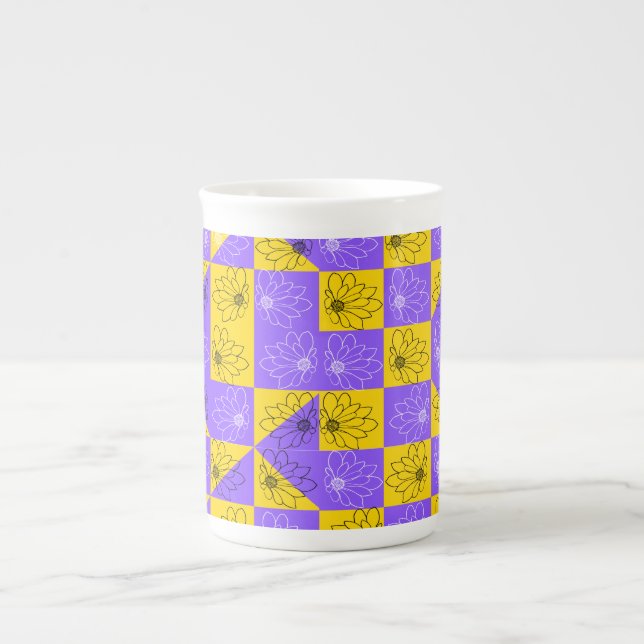 Esthetic Geometric chessboard Floral Pattern Bone China Mug (Front)