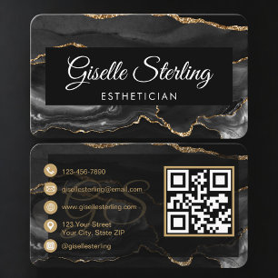 Esthetician QR Code Black Gold Agate Luxury  Business Card
