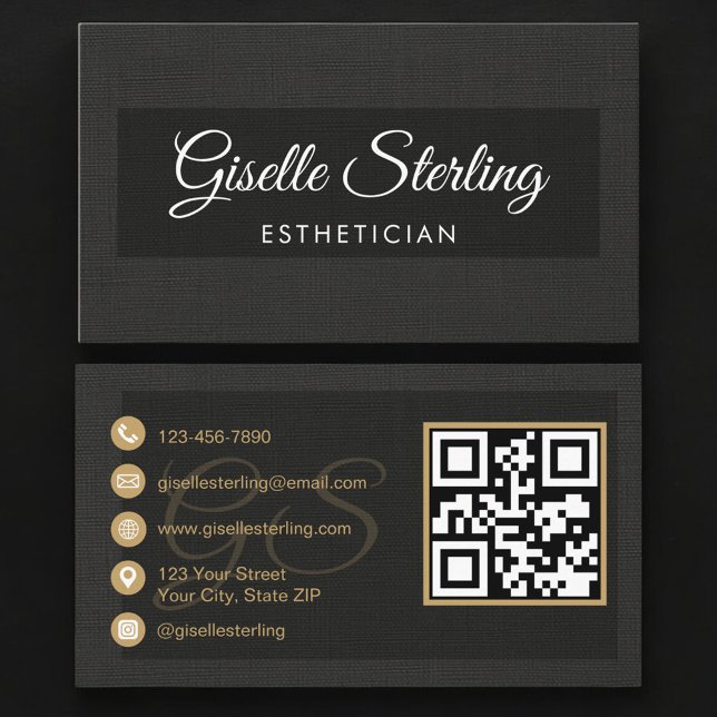 Esthetician QR Code Black Linen Luxury  Business Card (Creator Uploaded)
