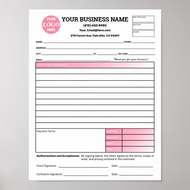 Estimate Quote Job Proposal Forms Contractor Green Poster (Front)