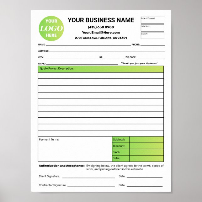 Estimate Quote Job Proposal Forms Contractor Green Poster (Front)