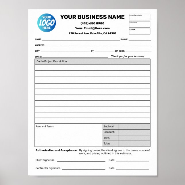 Estimate Quote Job Proposal Forms Contractor Poster (Front)