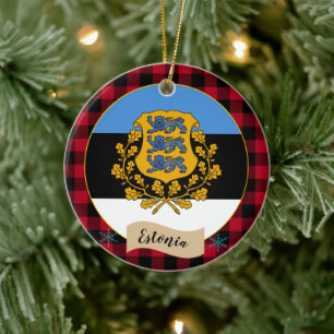 Estonia, Red buffalo plaid & Estonian Flag Ceramic Ornament