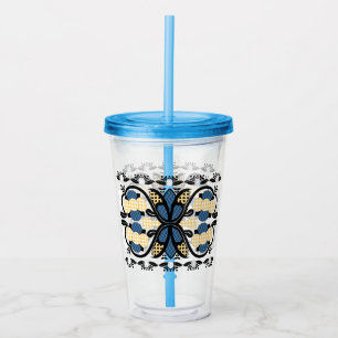 Estonian blue and yellow floral folk art acrylic tumbler