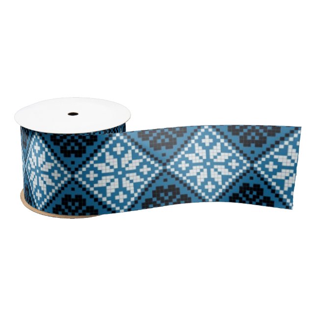 Estonian Blue Black and White Mitten Pattern Satin Ribbon (Spool)