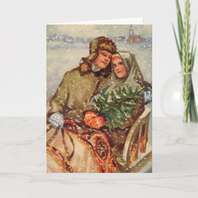 Estonian Couple on Sled Holiday Card (Front)