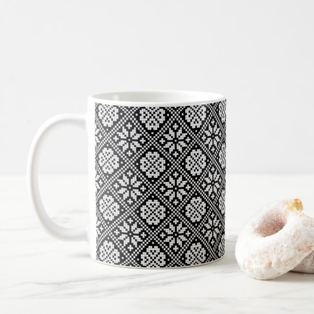 Estonian Ethnic Black White Knitting Pattern Coffee Mug (With Donut)
