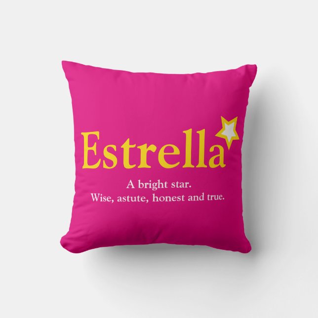 Estrella name meaning star bright pink yellow cushion (Front)