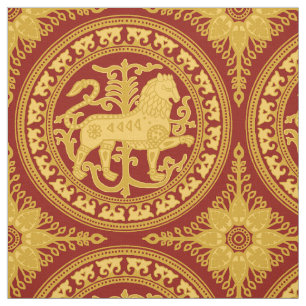 Esztergom Lion, Yellow on Dark Red Fabric