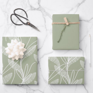 Etched Leaves Botanical Pattern in Sage Green Wrapping Paper Sheet