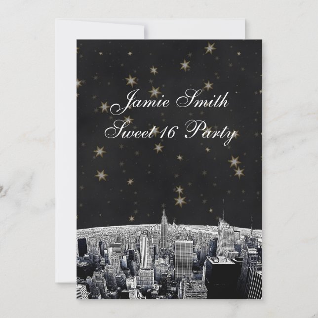 Etched NYC Skyline 2 Black Gold Star Sweet 16 V Invitation (Front)