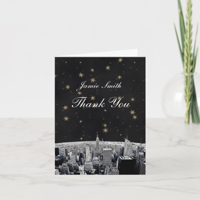 Etched NYC Skyline 2 Black Gold Star Thank You Card (Front)