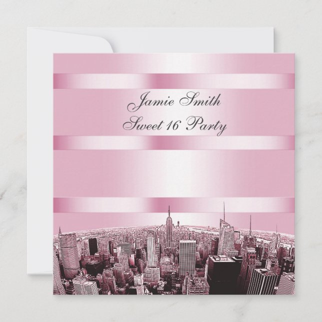 Etched NYC Skyline 2 Black Pink Sweet 16 Party Invitation (Front)