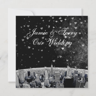 Etched NYC Skyline #2 Black White Heart Wedding Invitation