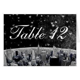 Etched NYC Skyline #2 Black Wht Heart Table Number