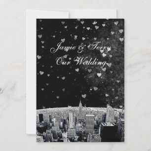 Etched NYC Skyline #2 Black Wht Heart Wedding Invitation