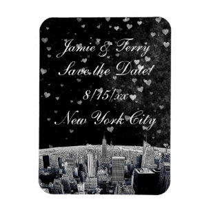 Etched NYC Skyline #2 Black Wt Heart Save the Date Magnet
