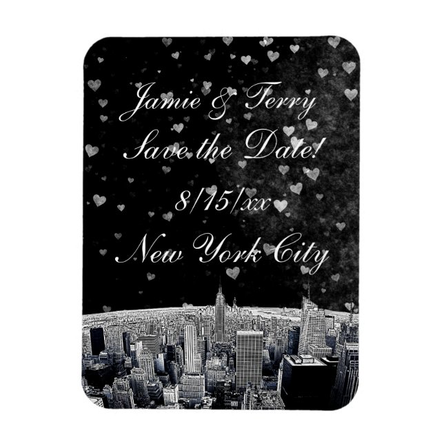 Etched NYC Skyline #2 Black Wt Heart Save the Date Magnet (Vertical)