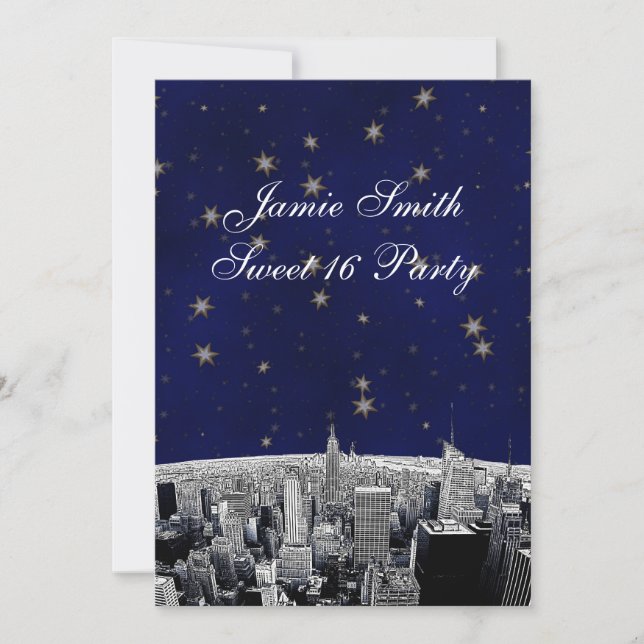 Etched NYC Skyline 2 Blue Gold Star Sweet 16 V Invitation (Front)