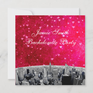 Etched NYC Skyline #2 Pink Red Heart Bachelorette Invitation