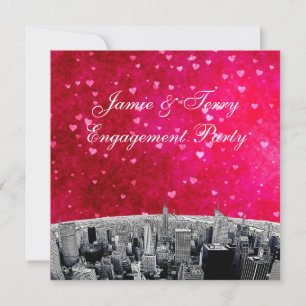 Etched NYC Skyline #2 Pink Red Heart Engagement Invitation