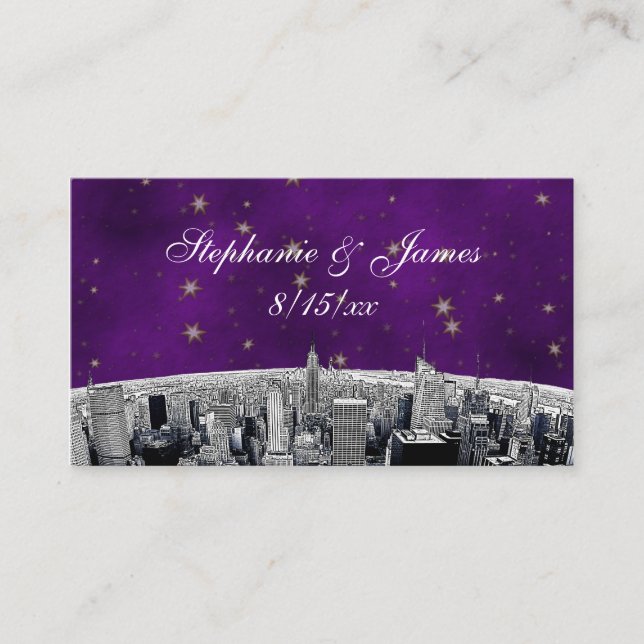 Etched NYC Skyline 2 Purple Gold Star Escort Cards (Front)