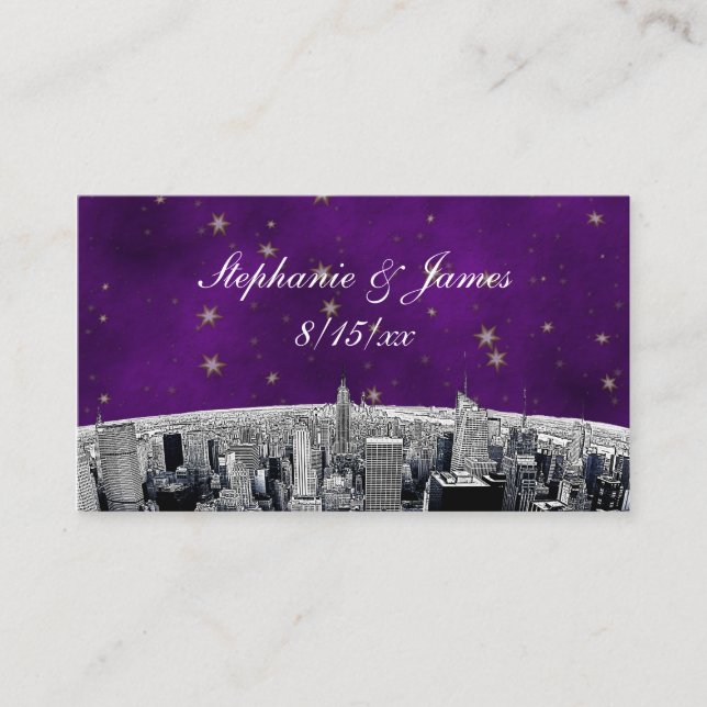 Etched NYC Skyline 2 Purple Gold Star Place Card (Front)