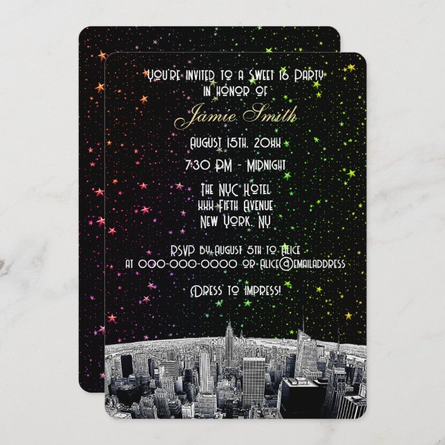 Etched NYC Skyline 2 Rainbow Star Sweet 16 V Invitation (Front/Back)