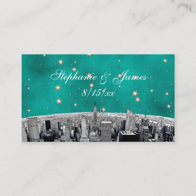 Etched NYC Skyline 2 Teal Gold Star Escort Cards (Front)