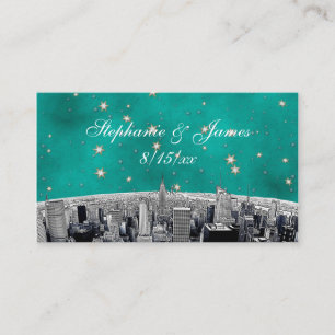 Etched NYC Skyline 2 Teal Gold Star Escort Cards