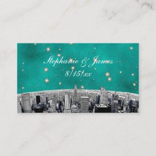 Etched NYC Skyline 2 Teal Gold Star Place Cards