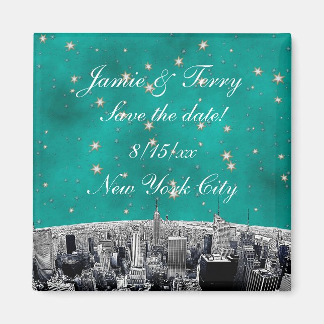 Etched NYC Skyline 2 Teal Gold Star Save Date Magnet (Front)