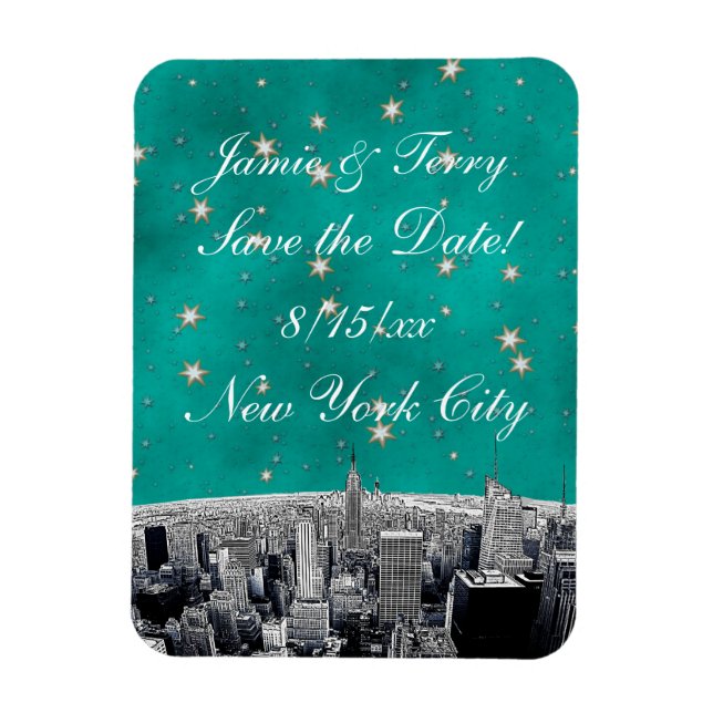 Etched NYC Skyline 2 Teal Gold Star Save The Date Magnet (Vertical)