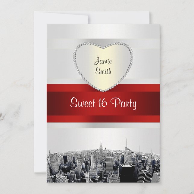 Etched NYC Skyline 2H White, Red Ribbon Sweet 16 Invitation (Front)
