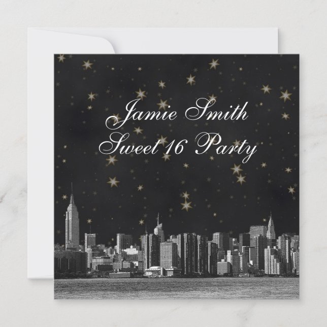 Etched NYC Skyline #3 Black Gold Star Sweet 16 Invitation (Front)