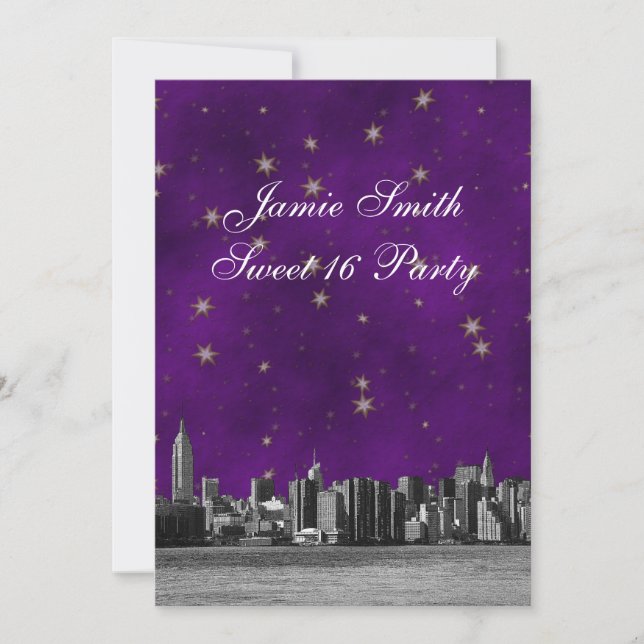 Etched NYC Skyline #3 Purple Gold Star Sweet 16 V Invitation (Front)
