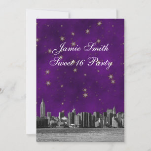 Etched NYC Skyline #3 Purple Gold Star Sweet 16 V Invitation
