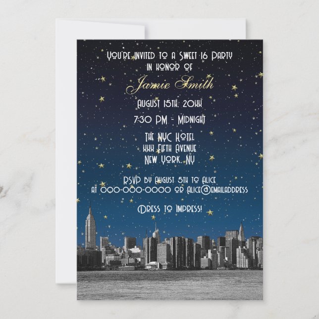 Etched NYC Skyline #3 Starry Blu Sunset Sweet 16 V Invitation (Front)