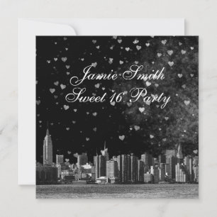 Etched NYC Skyline Black BG White Heart Sweet 16 Invitation