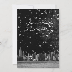 Etched NYC Skyline Black BG White Heart Sweet 16 V Invitation
