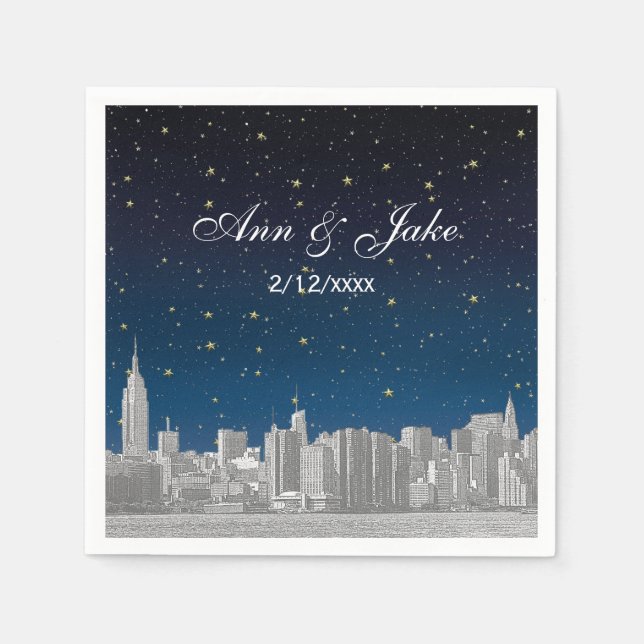 Etched NYC Skyline Blue Starry Wedding Napkin (Front)